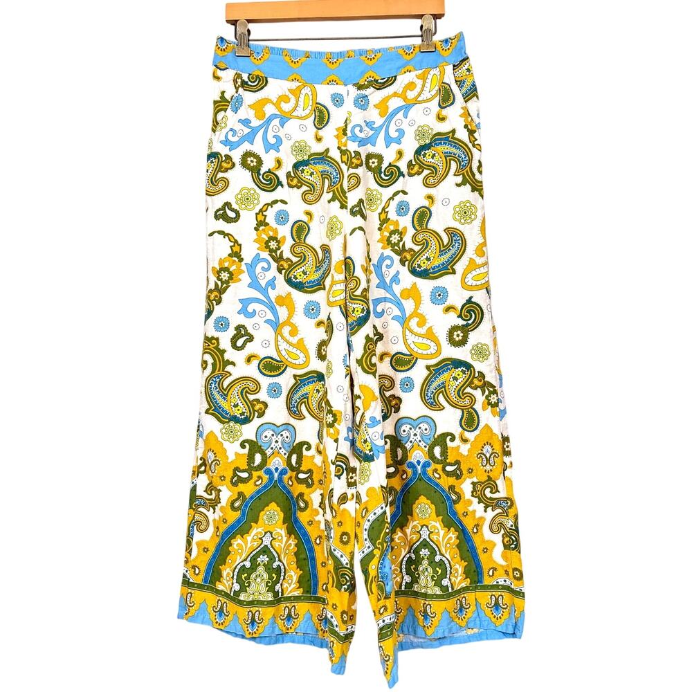 Haute Hippie Womens L Blue Gold Paisley Linen Blend Wide Leg Pants Boho Chic